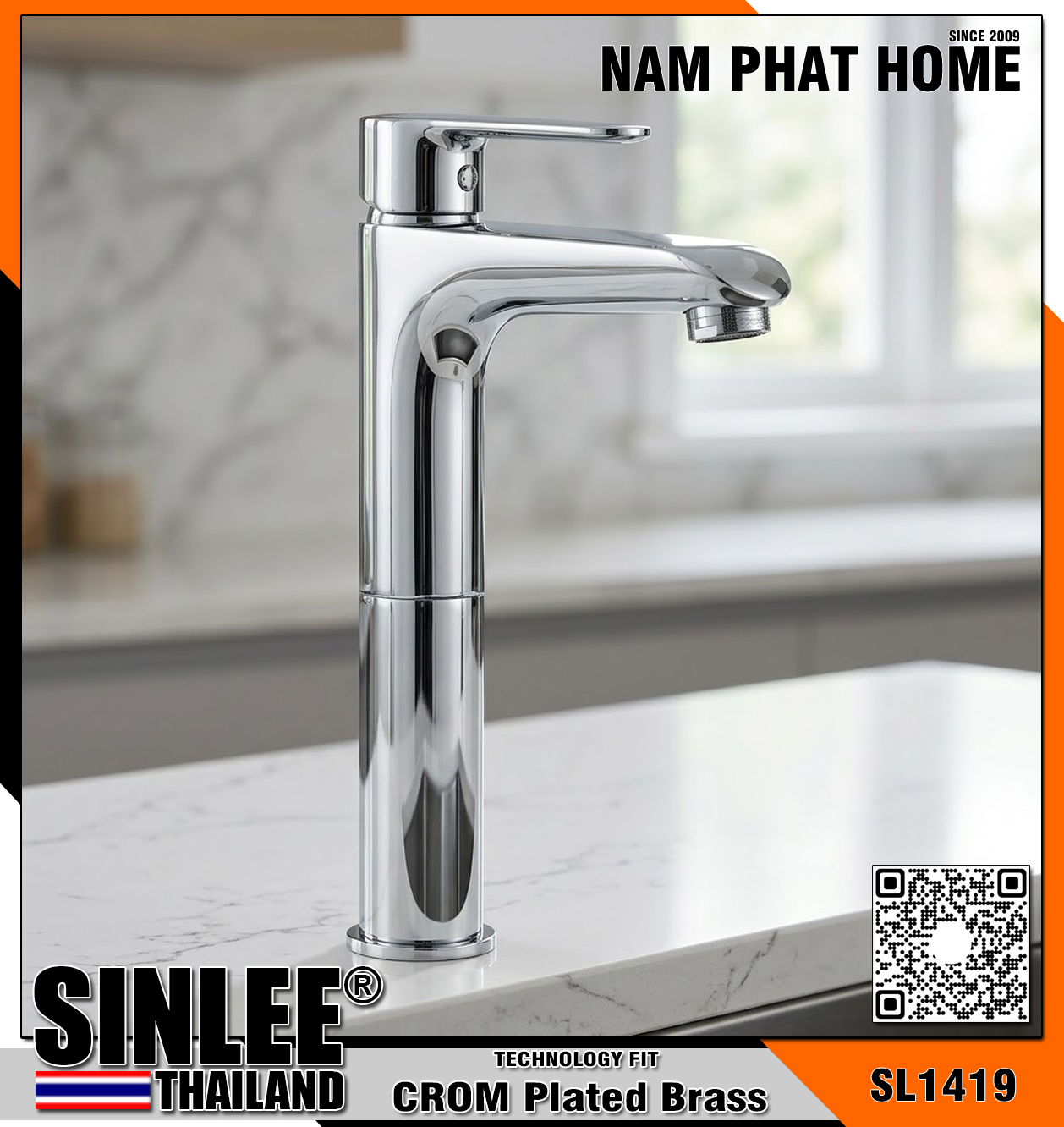 SL1419 – VÒI LAVABO LẠNH ĐỒNG THAU MẠ CROM 30CM SINLEE