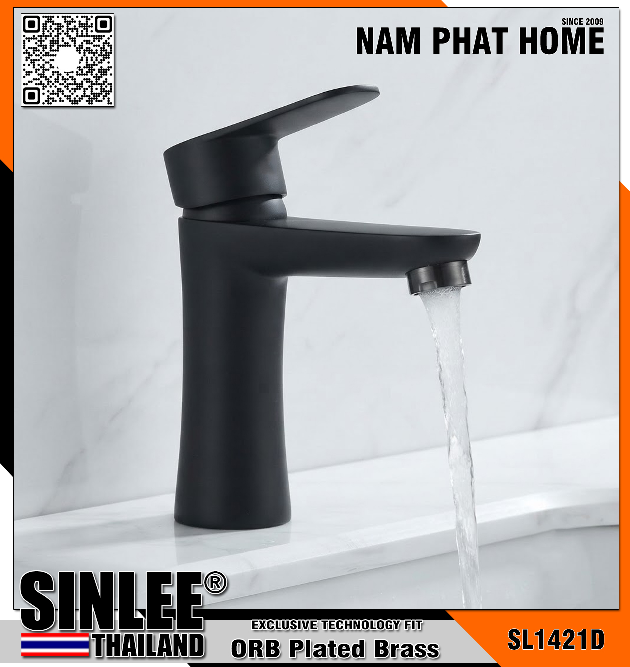 SL1421D – VÒI LAVABO LẠNH INOX  SƠN TĨNH ĐIỆN ĐEN MẪU EO SINLEE