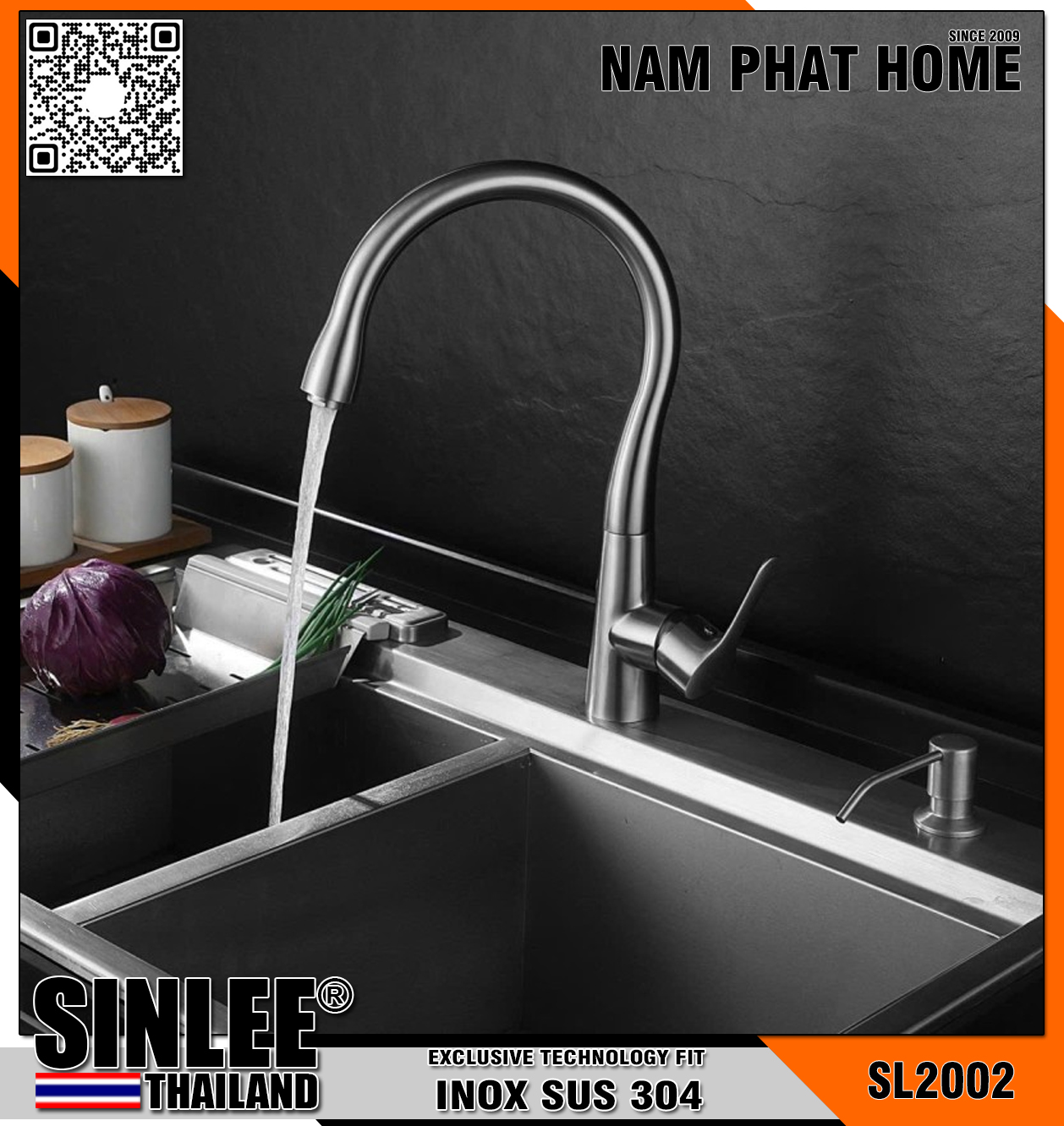 SL2002 – VÒI RỬA CHÉN NÓNG LẠNH INOX  ỐNG CONG ĐÚC SINLEE