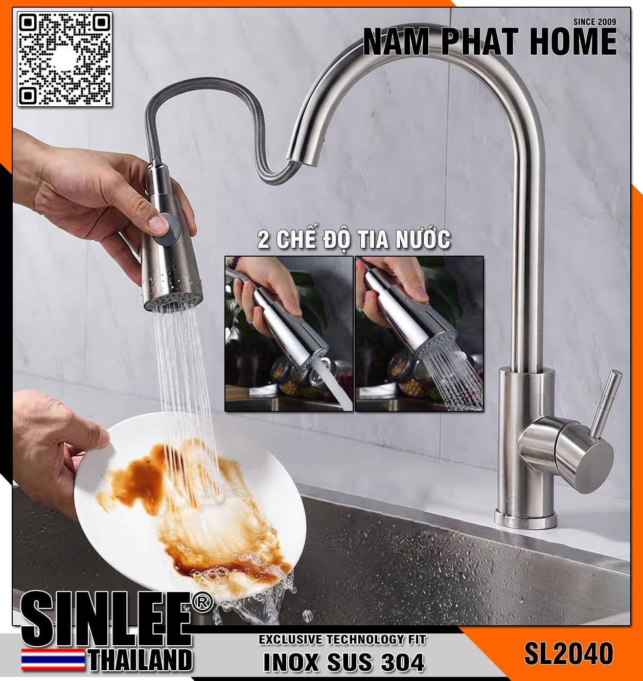 SL2040I – VÒI CHÉN NÓNG LẠNH-INOX DÂY RÚT CONG SINLEE