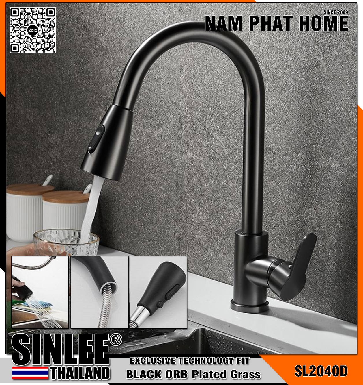 SL2040D – VÒI RỬA CHÉN NÓNG LẠNH INOX  SƠN TỈNH ĐIỆN ĐEN, MẪU CONG SINLEE