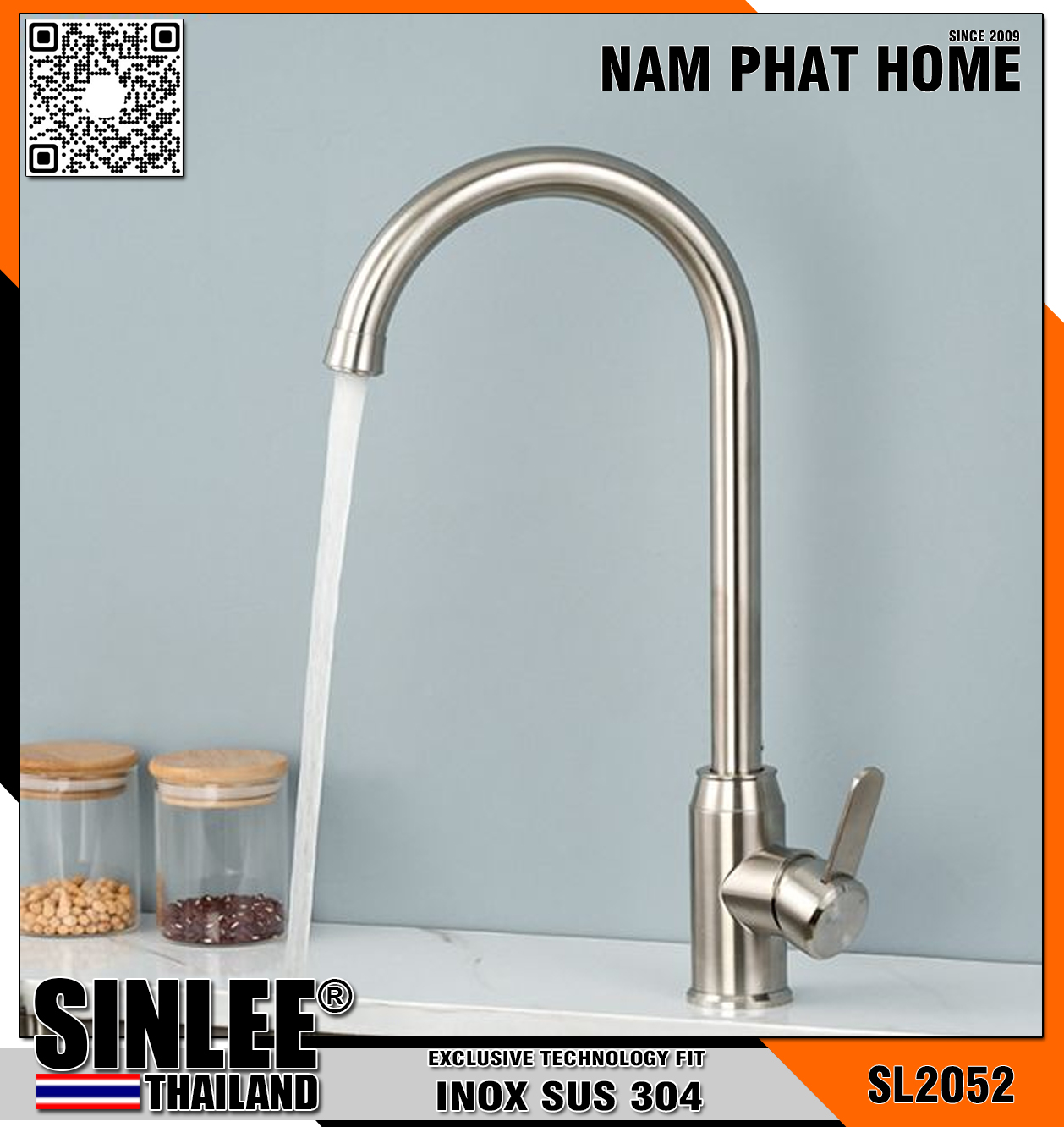 SL2052 – VÒI CHÉN NÓNG LẠNH - INOX  ỐNG CONG XOAY BI, THÂN TAY ĐÚC LỚN SINLEE