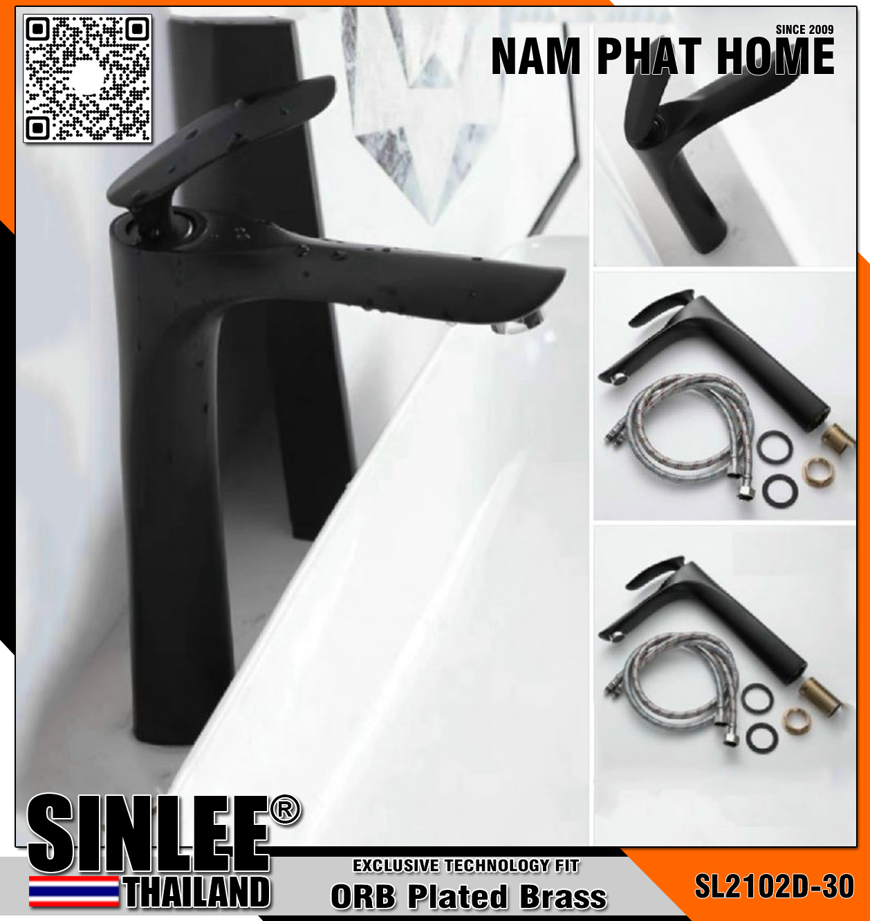SL2102D-30 – VÒI LAVABO NÓNG LẠNH MẪU LÁ ĐỒNG THAU MẠ ORB 30CM SINLEE 