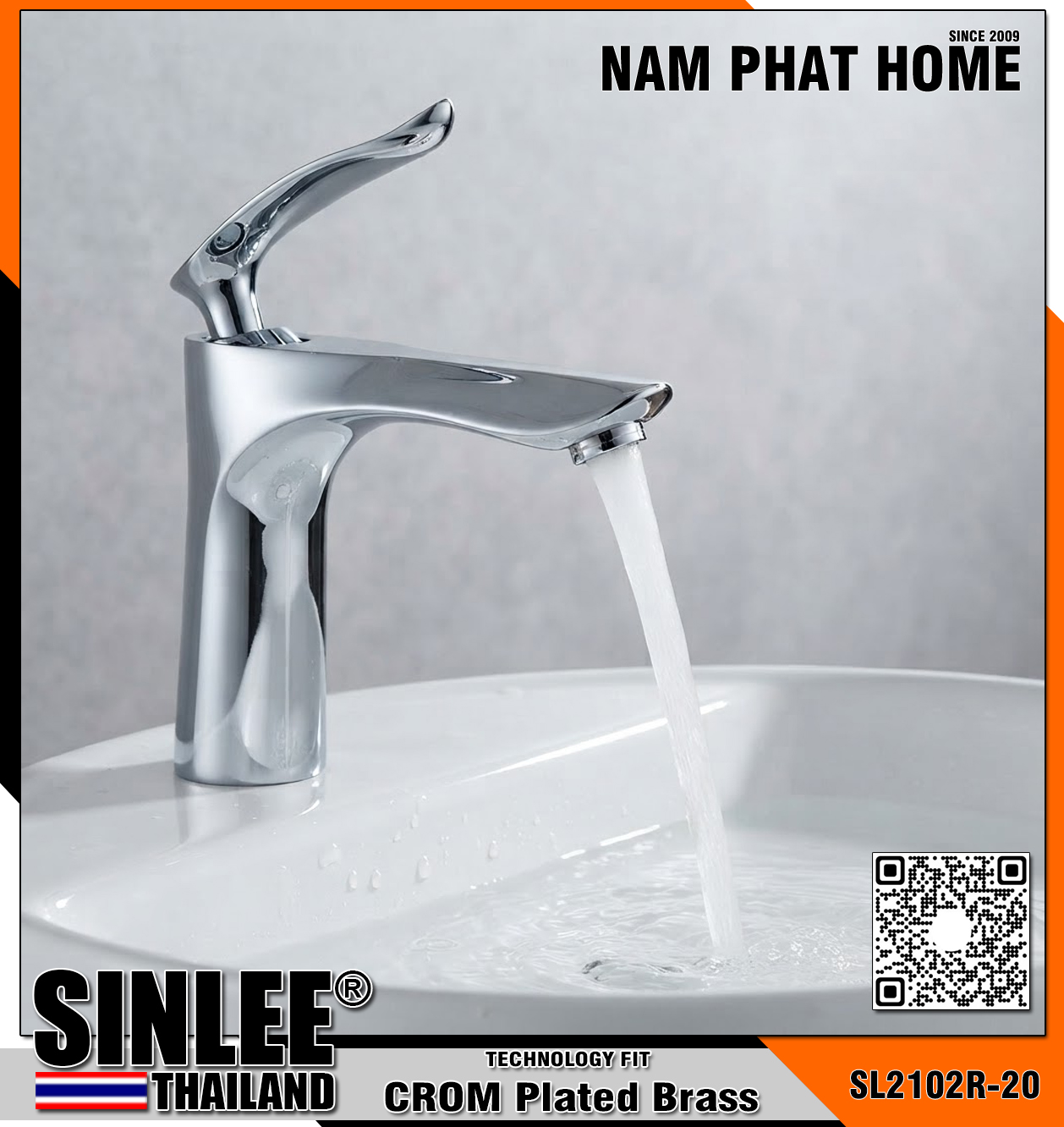 SL2102R-20 - VÒI LAVABO NÓNG LẠNH ĐỒNG THAU MẠ CROM 20CM SINLEE 
