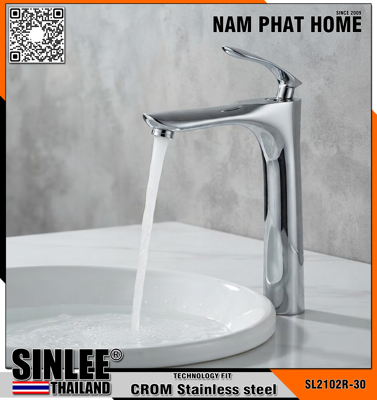 SL2102R-30 – VÒI LAVABO NÓNG LẠNH LÁ LỚN ĐỒNG THAU MẠ CROM 30CM SINLEE