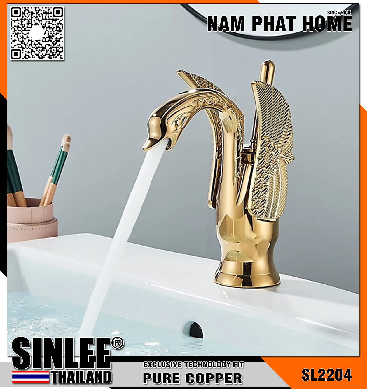 SL2204 – VÒI LAVABO NÓNG LẠNH MẪU THIÊN NGA ĐỒNG THAU MẠ VÀNG 20CM SINLEE