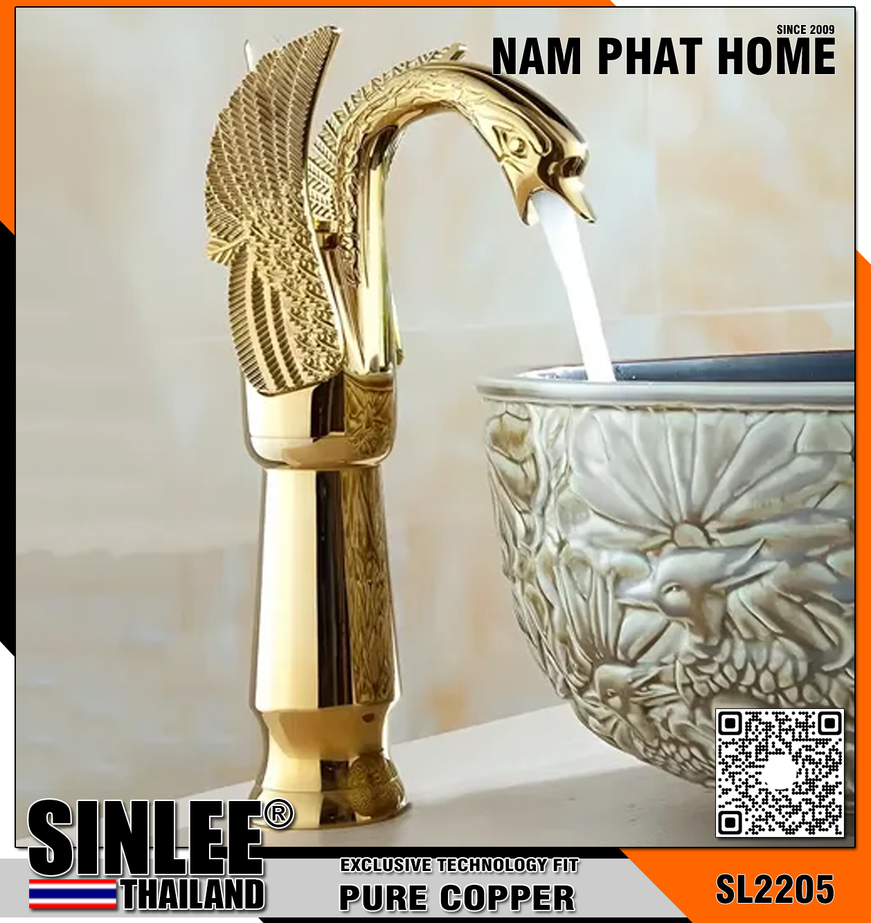 SL2205 – VÒI LAVABO NÓNG LẠNH MẪU THIÊN NGA ĐỒNG THAU MẠ VÀNG 30CM SINLEE