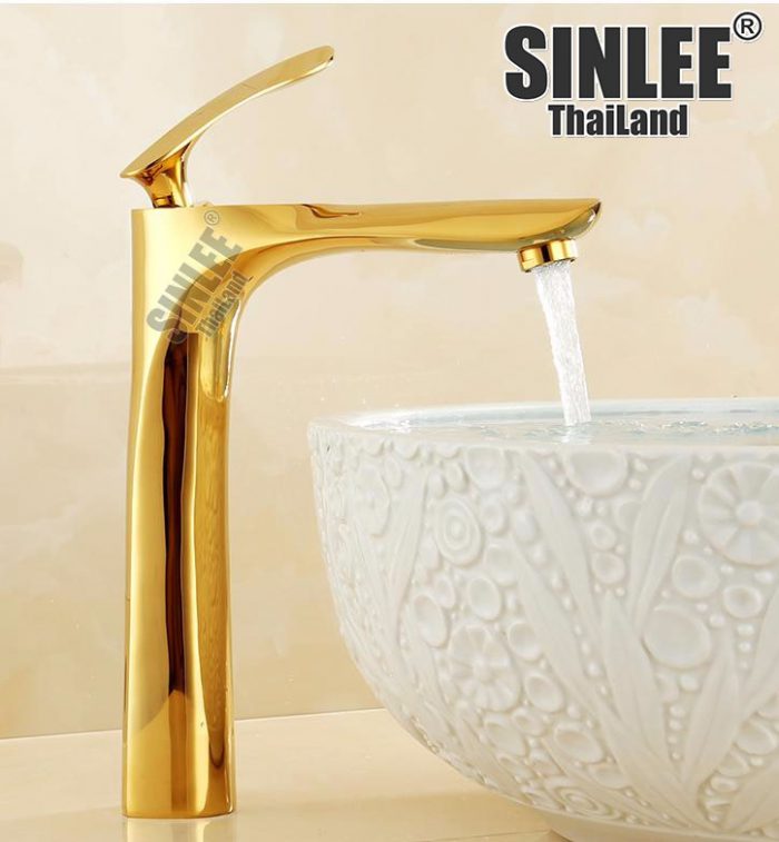 SL2206G-30, VÒI LAVABO NÓNG LẠNH LÁ VÀNG LOẠI LỚN, LUXURY ĐỒNG THAU MẠ VÀNG PVD 30CM
