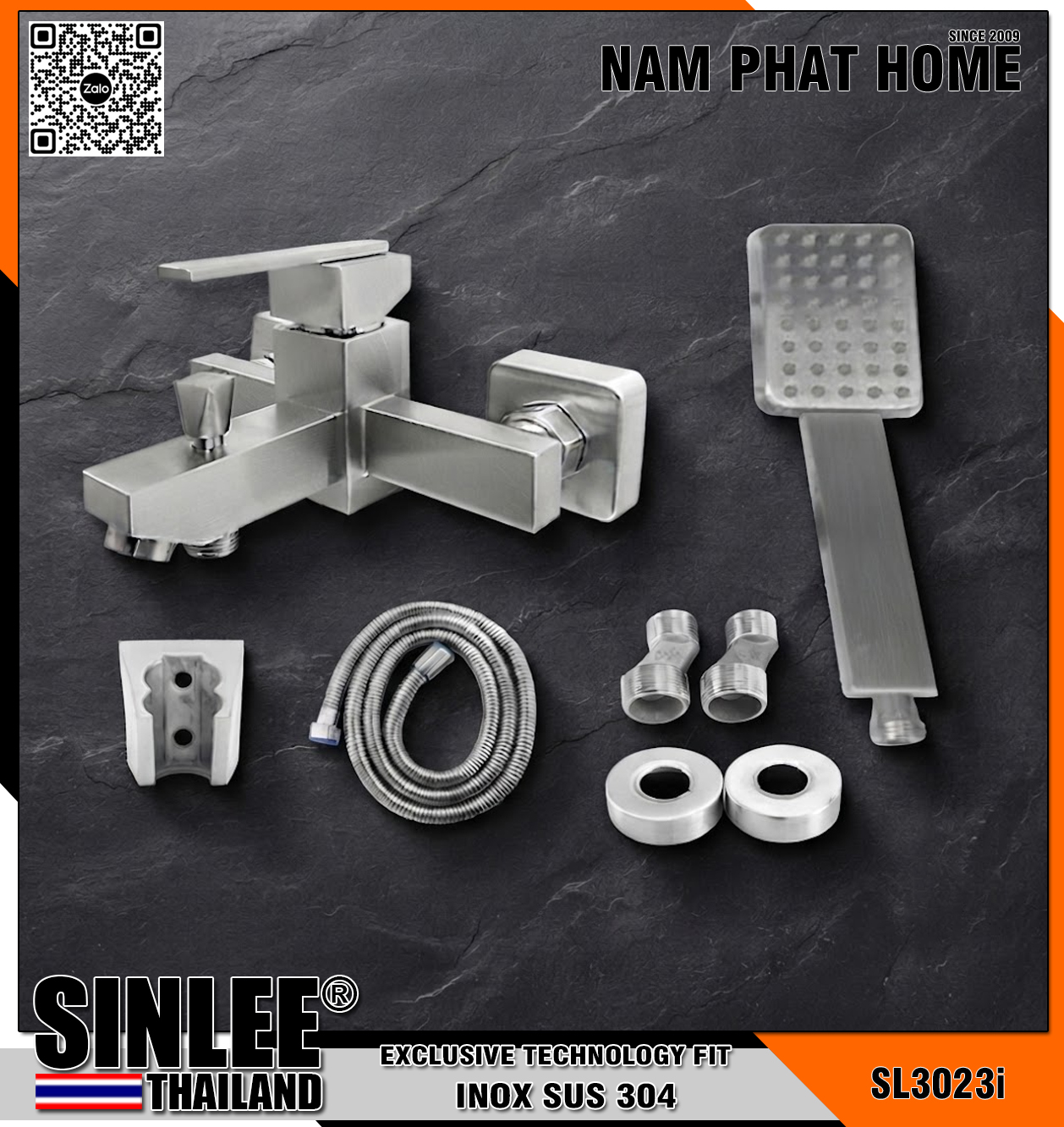 SL3023 – VÒI SEN NÓNG LẠNH INOX  CAO CẤP MẪU VUÔNG MỚI THÂN ĐÚC, TAY SEN ĐÚC – INOX 