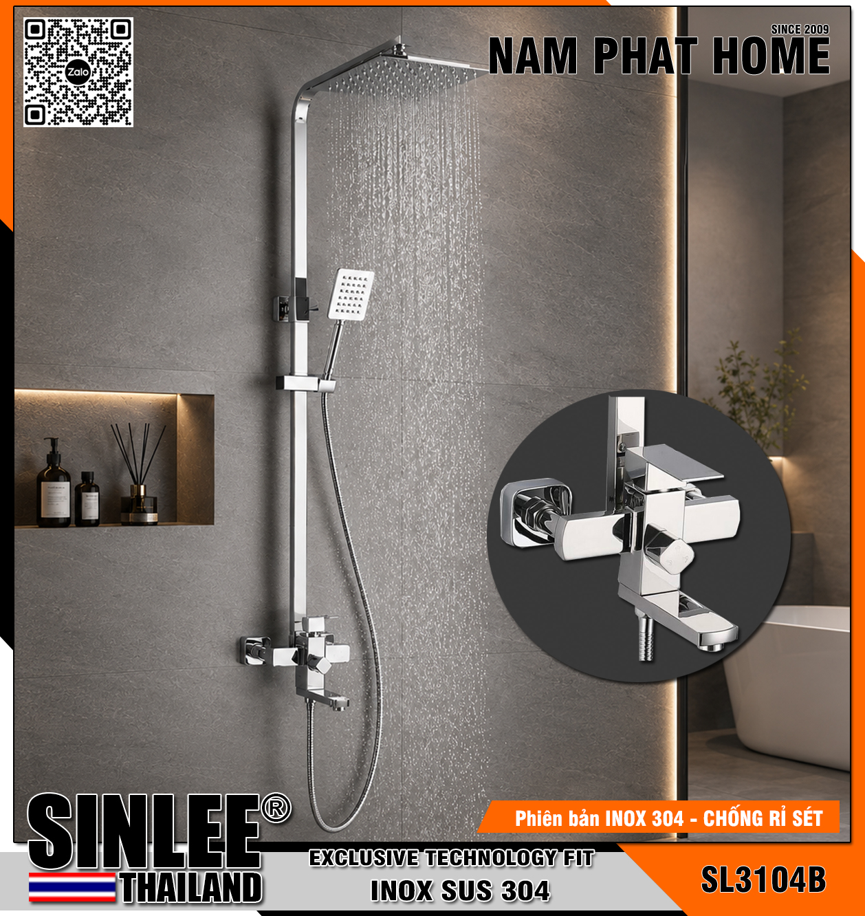 SL3104B - SEN CÂY TẮM ĐỨNG INOX BÓNG - MẪU VUÔNG BÓNG SINLEE