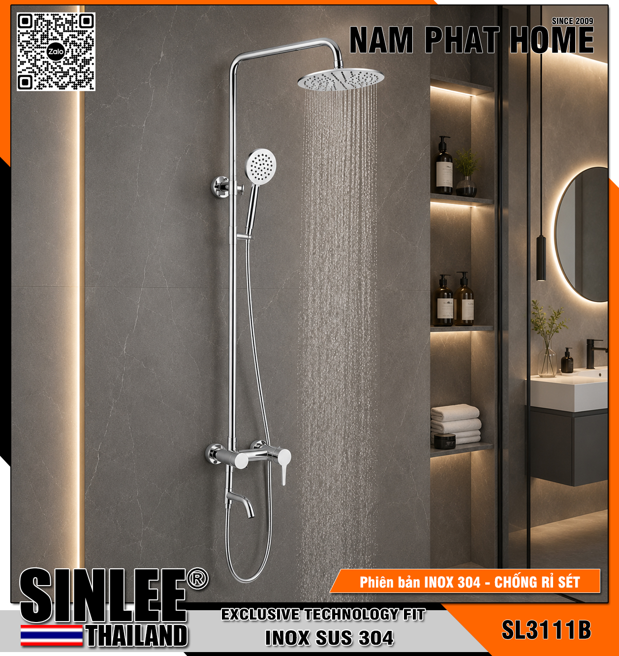 SL3111B - SEN CÂY TẮM ĐỨNG TRÒN LỆCH TĂNG ÁP INOX BÓNG