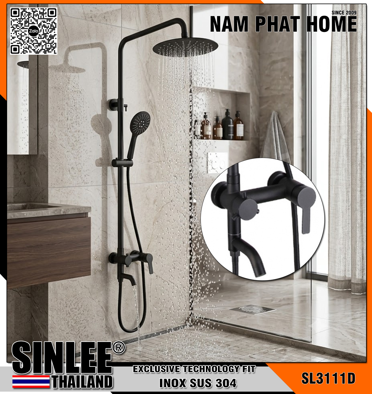 SL3111D - SEN CÂY TẮM ĐỨNG TRÒN LỆCH ĐEN, TĂNG ÁP INOX  SƠN TĨNH ĐIỆN MÀU ĐEN, CỦ SEN THÂN ĐÚC - 4 PHIÊN BẢN 