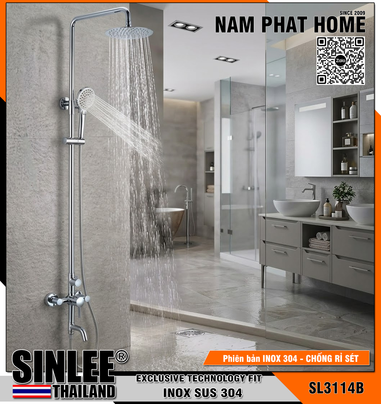 SL3114B - SEN CÂY TẮM ĐỨNG TRÒN GIỮA INOX BÓNG, CỦ SEN THÂN ĐÚC, TAY SEN ĐÚC