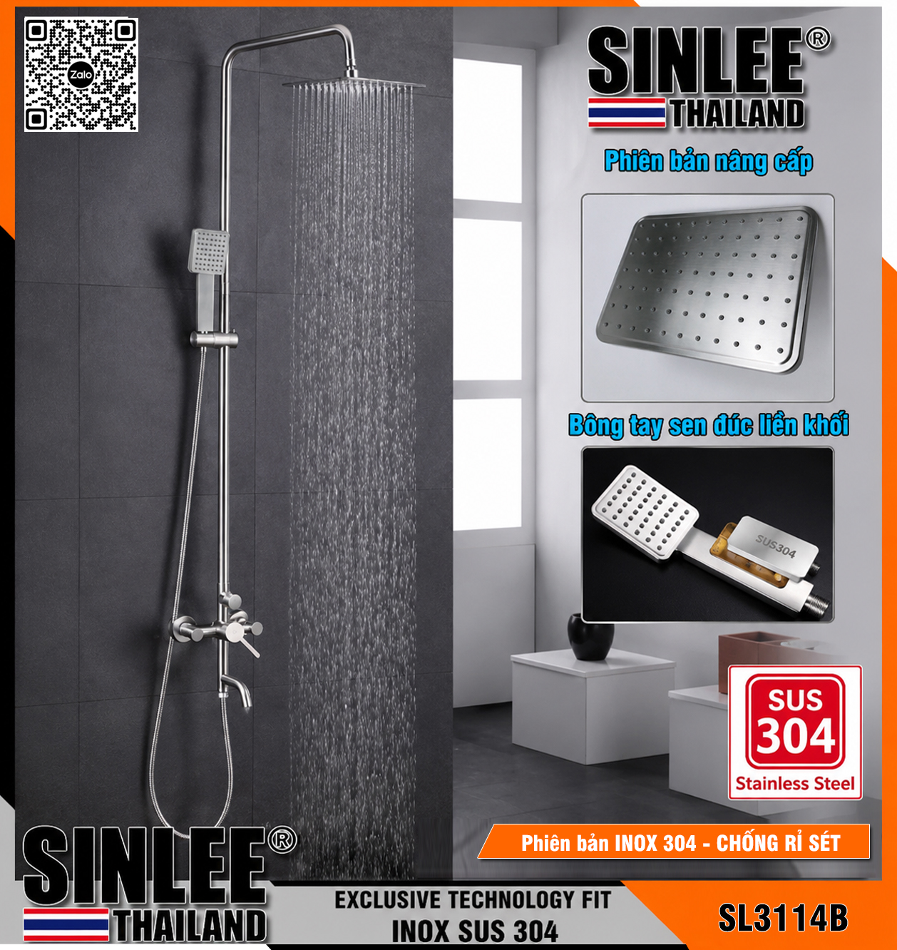 SL3114B - SEN CÂY TẮM ĐỨNG TRÒN GIỮA INOX BÓNG, CỦ SEN THÂN ĐÚC, TAY SEN ĐÚC