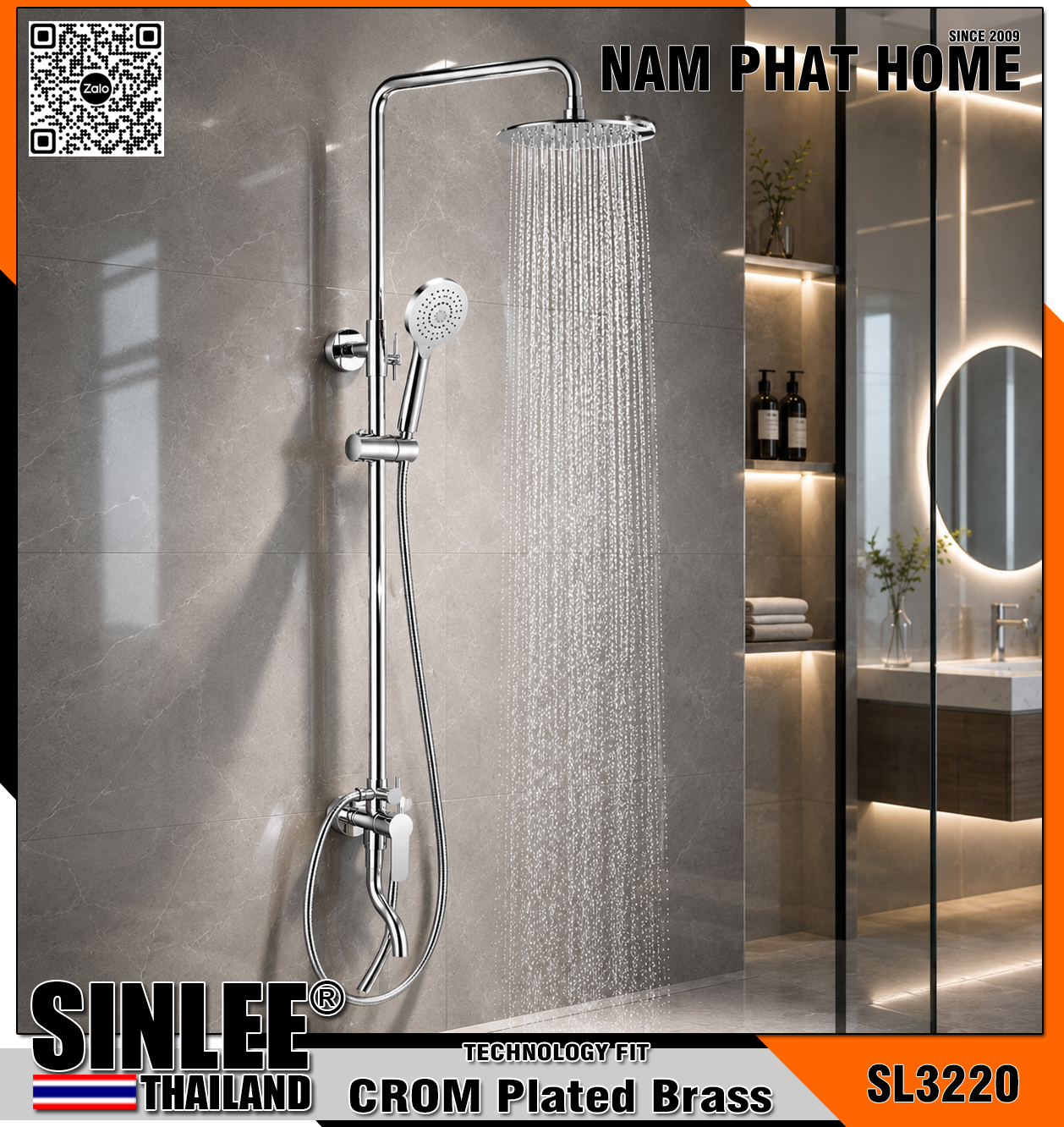 SL3220 – SEN CÂY TẮM ĐỨNG LẠNH ,MÃU TRÒN THAU MẠ CROM SINLEE