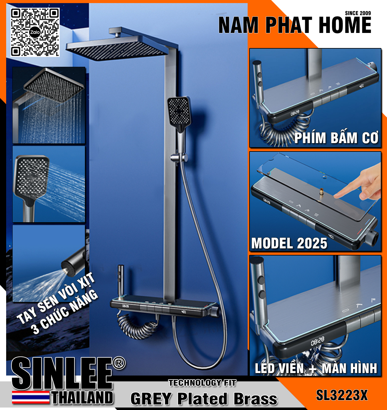  SL3223X – SEN CÂY TẮM ĐỨNG ĐỒNG THAU BẢN LỚN MÀU XÁM, PHÍM BẤM, CÓ ĐÈN LED