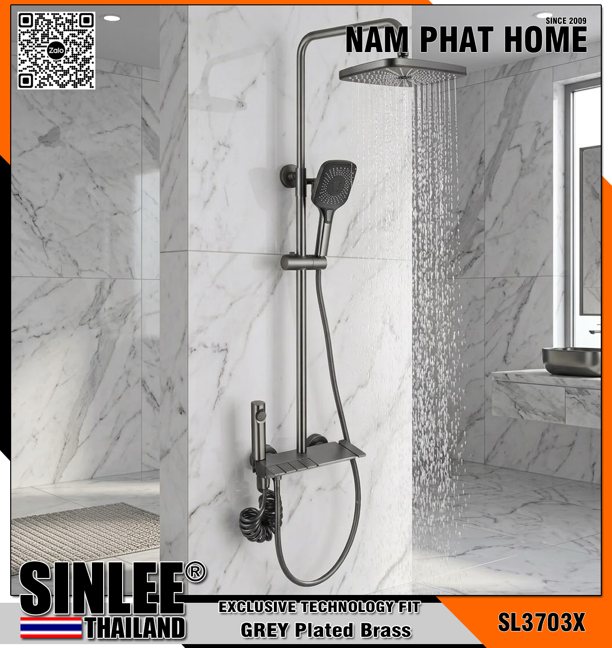  SL3703 – SEN CÂY TẮM ĐỨNG ĐỒNG THAU MẠ XÁM, ỐNG TRÒN BÔNG VUÔNG, CÓ VÒI XỊT ( THANH LÝ )