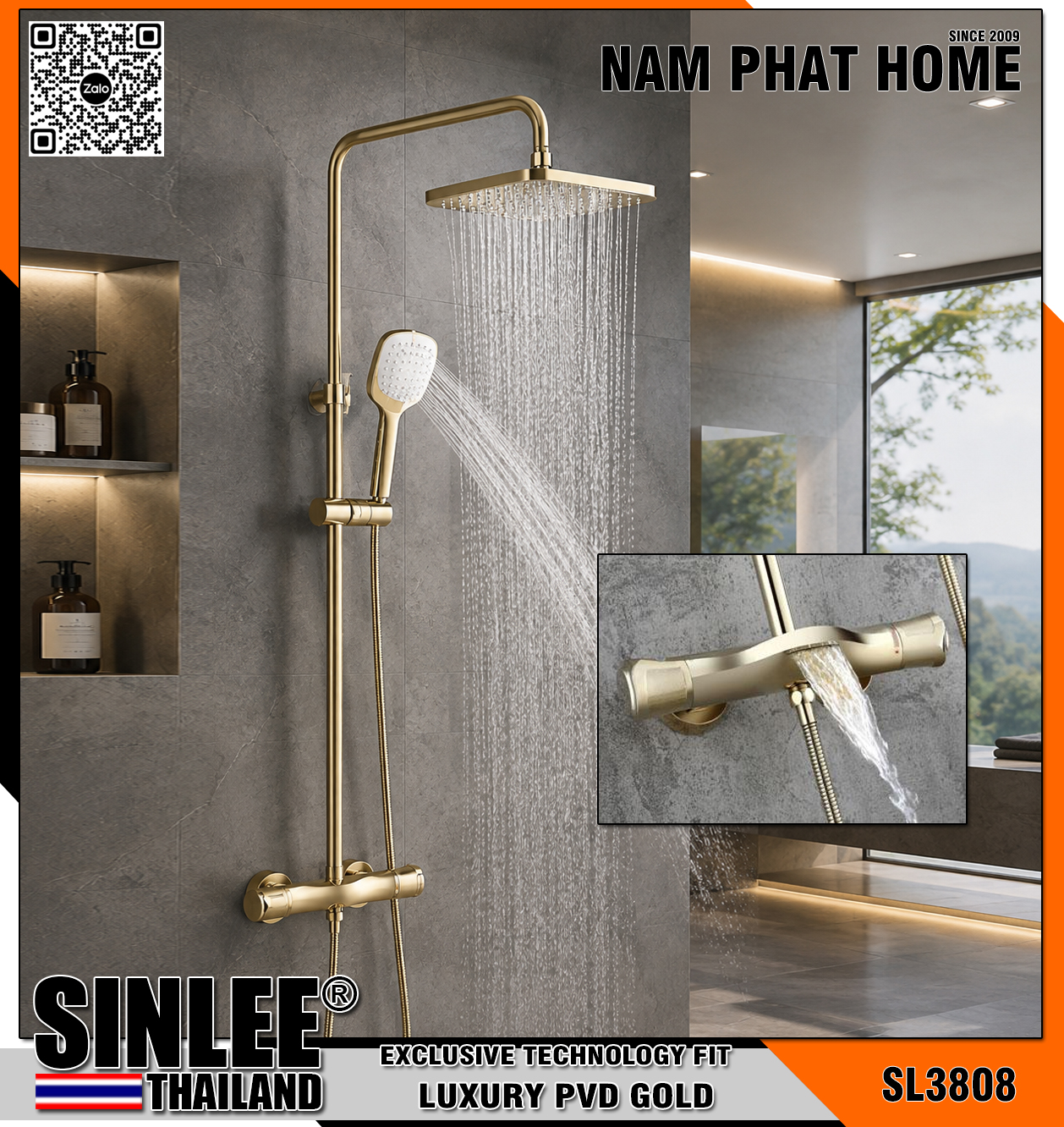 SL3808 - CÂY SEN TẮM ĐỨNG CHỈNH NHIỆT ĐỘ, MẠ VÀNG PVD PLATIUM