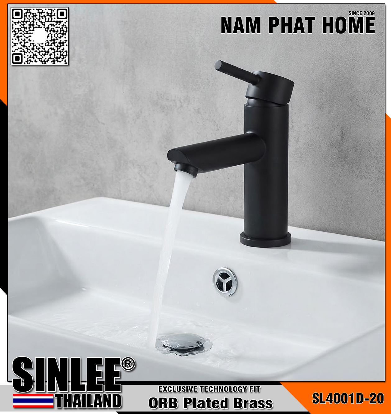 SL4001D-20, VÒI LAVABO NÓNG LẠNH MẪU TRÒN INOX 304, SƠN TĨNH ĐIỆN ĐEN 20CM SINLEE
