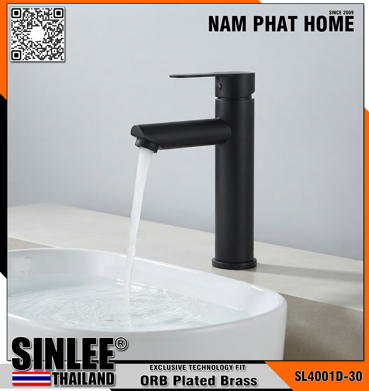 SL4001D-30, VÒI LAVABO NÓNG LẠNH MẪU TRÒN INOX 304, SƠN TĨNH ĐIỆN ĐEN 30CM SINLEE