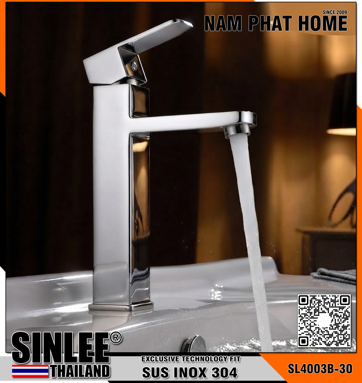 SL4003B-30 - VÒI LAVABO NÓNG LẠNH INOX 304, BÓNG MẪU VUÔNG 30CM