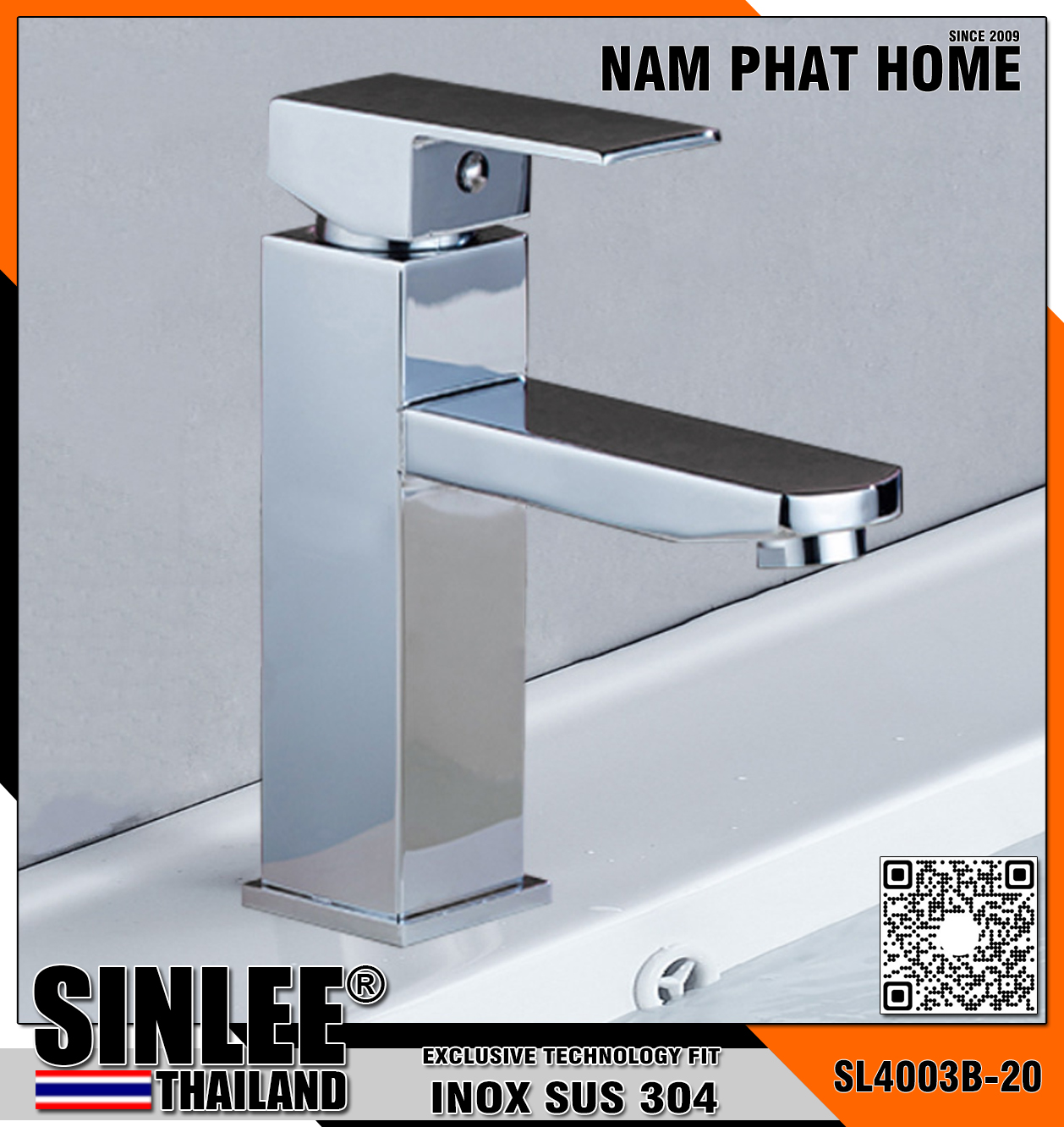 SL4003B-20 - VÒI LAVABO NÓNG LẠNH INOX 304 BÓNG, MẪU VUÔNG 20CM