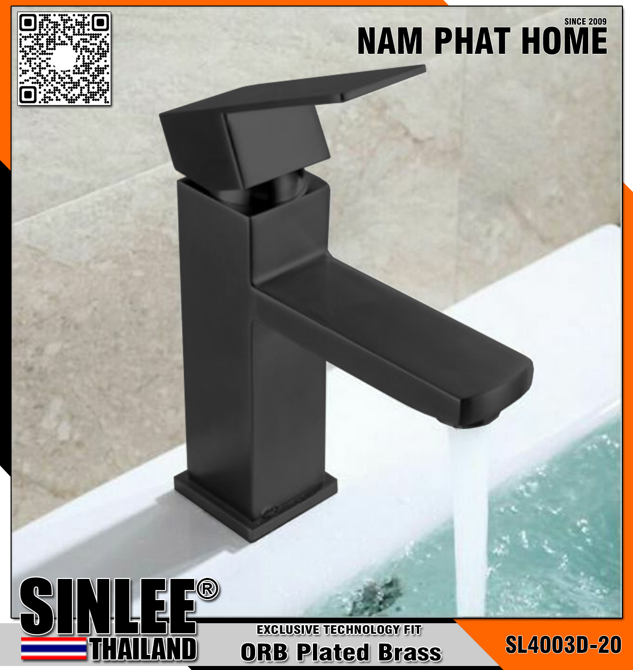 SL4003D-20 - VÒI LAVABO NÓNG LẠNH MẪU VUÔNG INOX 304, SƠN TĨNH ĐIỆN ĐEN 20CM SINLEE