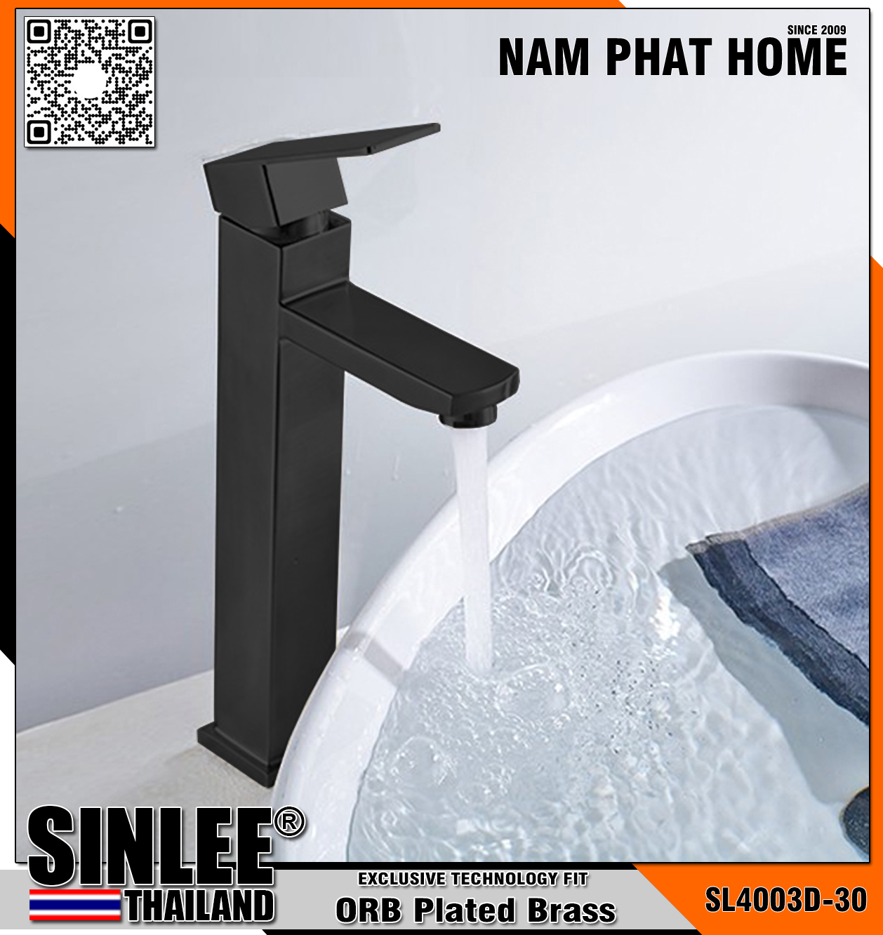 SL4003D-30 - VÒI LAVABO NÓNG LẠNH MẪU VUÔNG INOX 304, SƠN TĨNH ĐIỆN ĐEN 30CM SINLEE