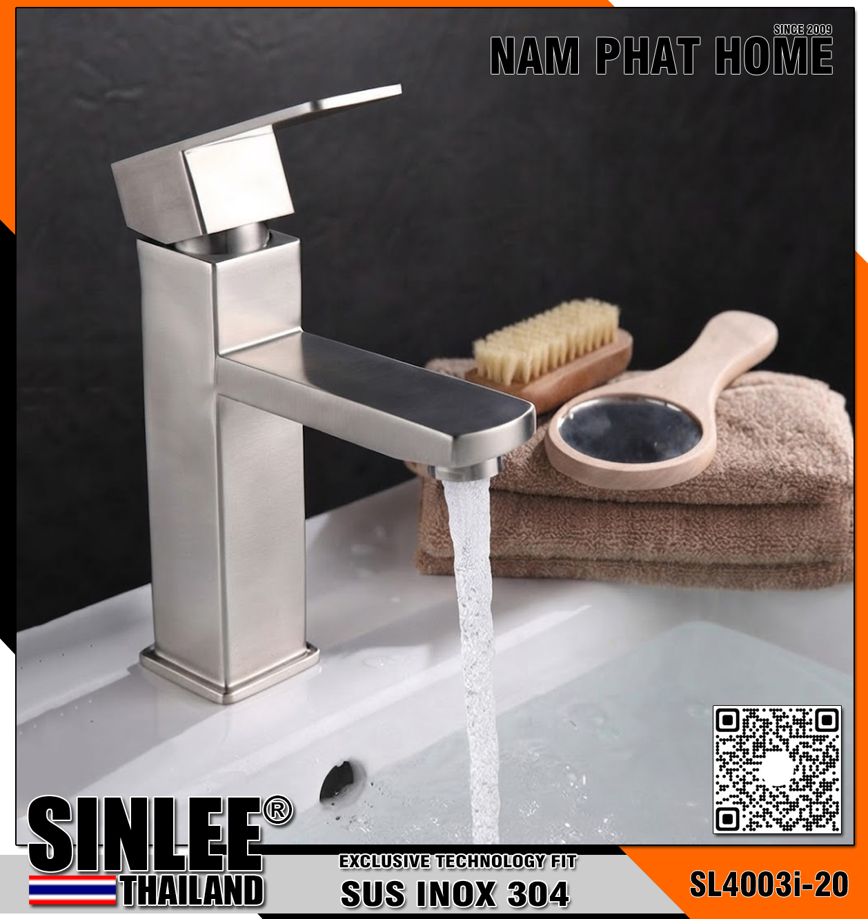 SL4003I-20 - VÒI LAVABO NÓNG LẠNH INOX 304, MẪU VUÔNG 20CM