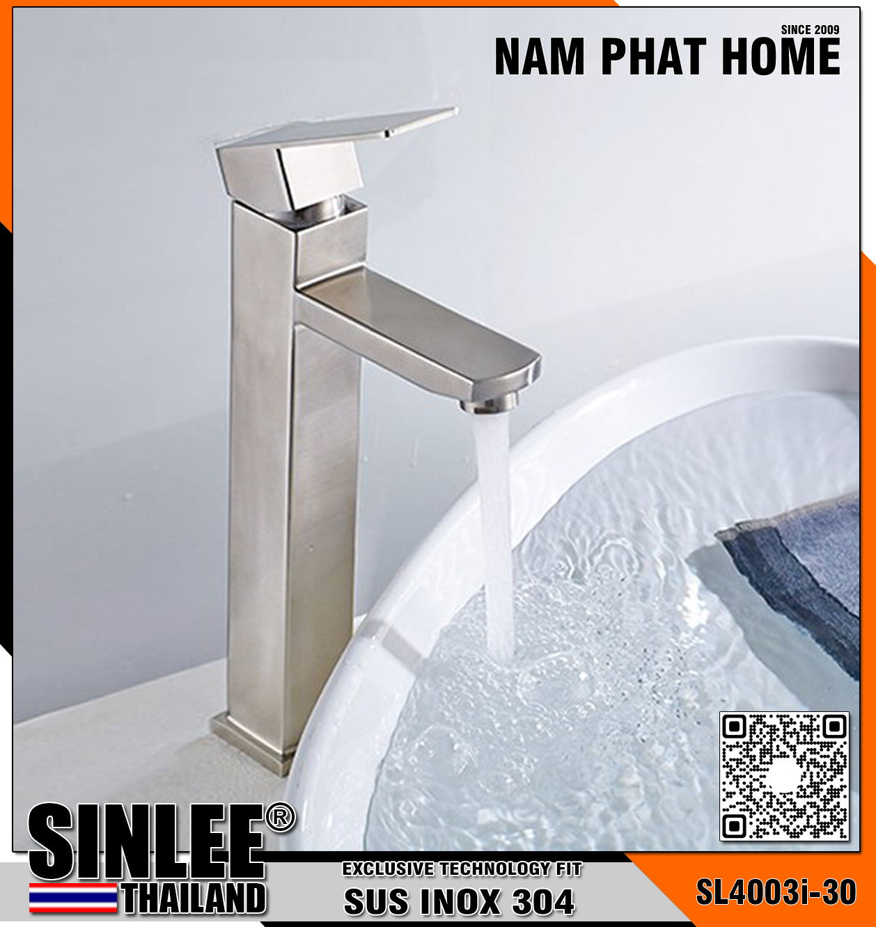 SL4003I-30 – VÒI LAVABO NÓNG LẠNH INOX 304, MẪU VUÔNG 30CM