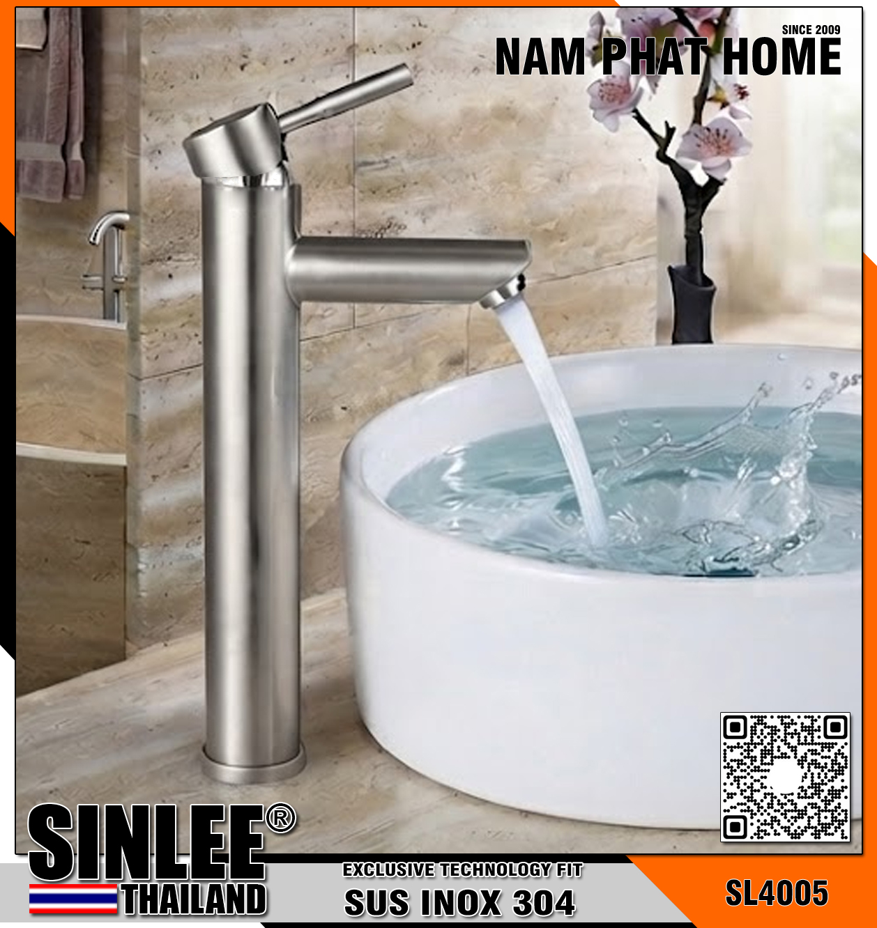 SL4005 - VÒI LAVABO NÓNG LẠNH INOX 304, MẪU TRÒN 30CM