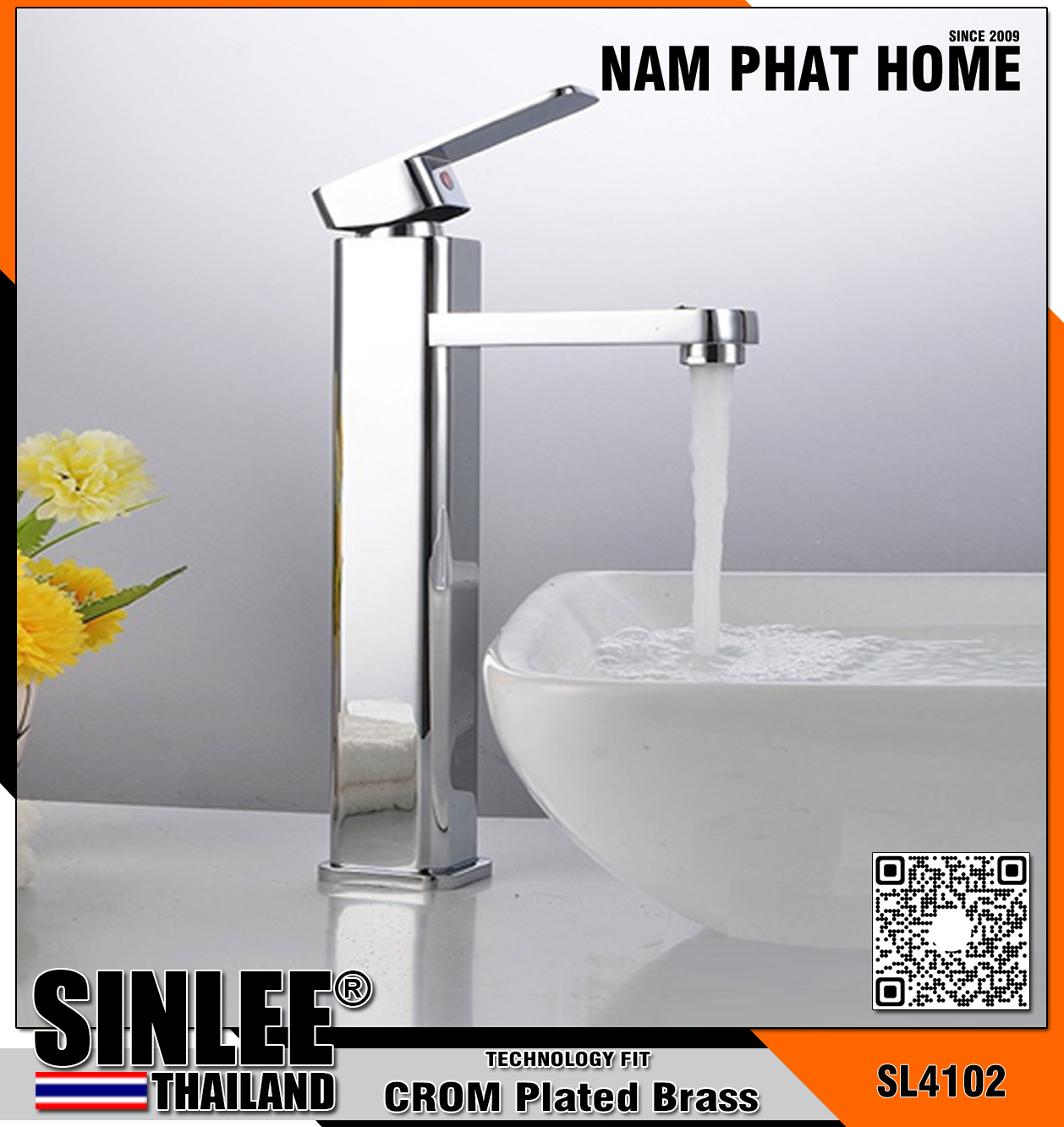 SL4102 – VÒI LAVABO NÓNG LẠNH VUÔNG ĐỒNG THAU MẠ CROM 30CM SINLEE
