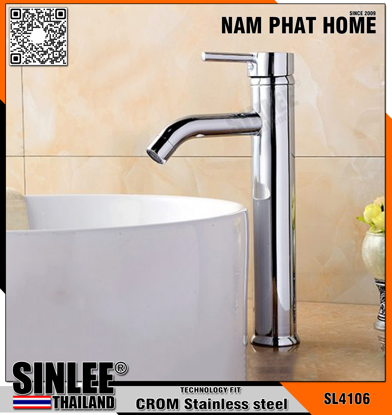 SL4106 – VÒI LAVABO NÓNG LẠNH TRÒN ĐỒNG THAU MẠ CROM 30CM SINLEE