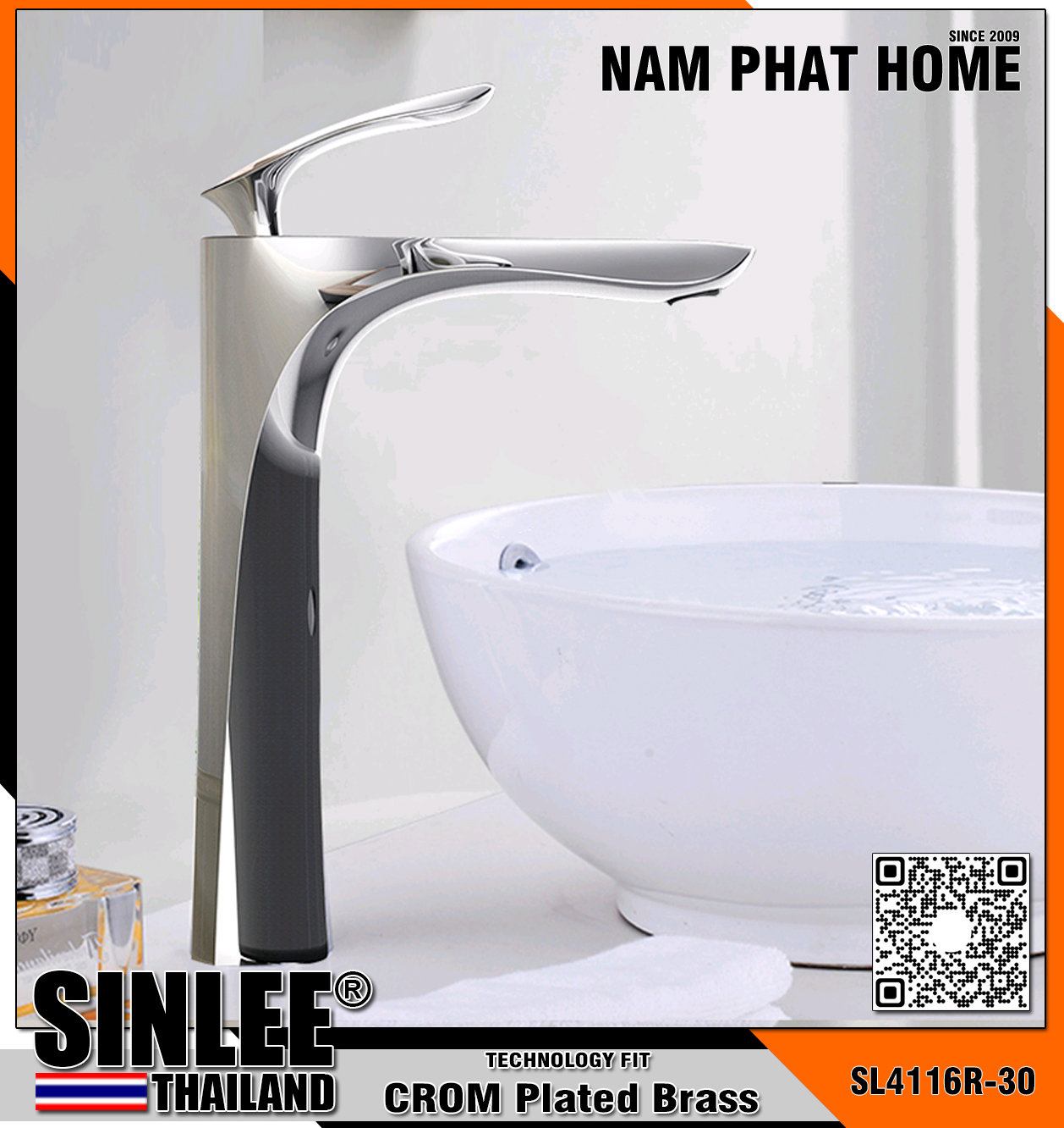 SL4116R-30 – VÒI LAVABO NÓNG LẠNH LÁ NHỎ ĐỒNG THAU THAU MẠ CROM 30CM SINLEE