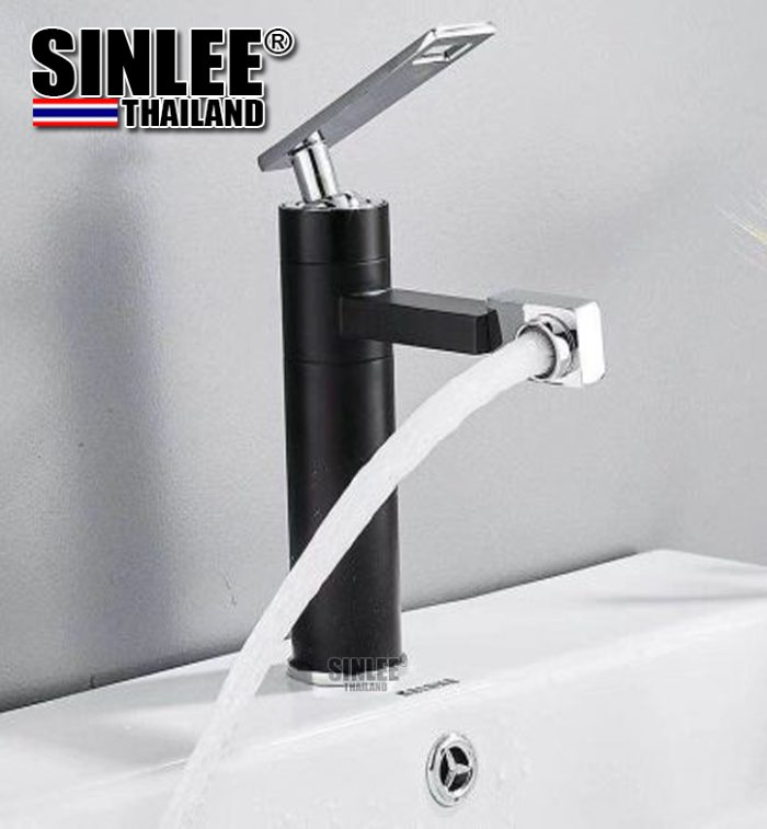 SL4203 – VÒI LAVABO NÓNG LẠNH TRÒN DẸP ĐỒNG THAU SƠN TĨNH ĐIỆN ĐEN MẠ CROME 20CM SINLEE