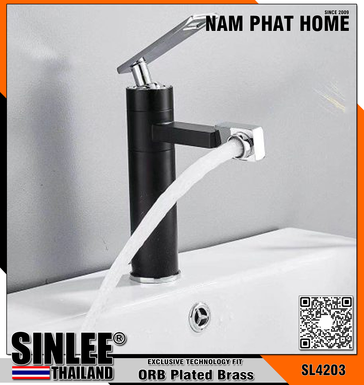 SL4203 – VÒI LAVABO NÓNG LẠNH TRÒN DẸP ĐỒNG THAU SƠN TĨNH ĐIỆN ĐEN MẠ CROM 20CM SINLEE