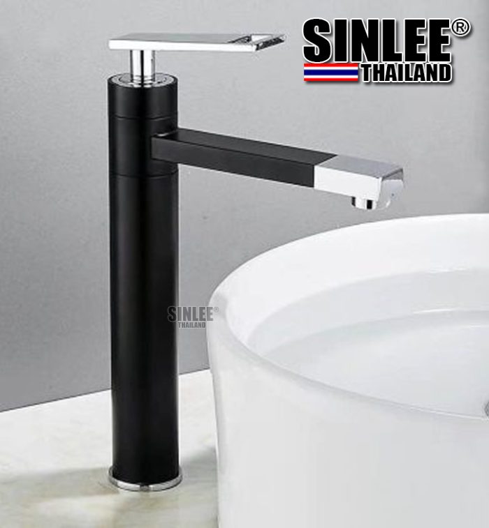 SL4204 – VÒI LAVABO NÓNG LẠNH TRÒN DẸP ĐỒNG THAU SƠN TĨNH ĐIỆN ĐEN MẠ CROME 30CM SINLEE