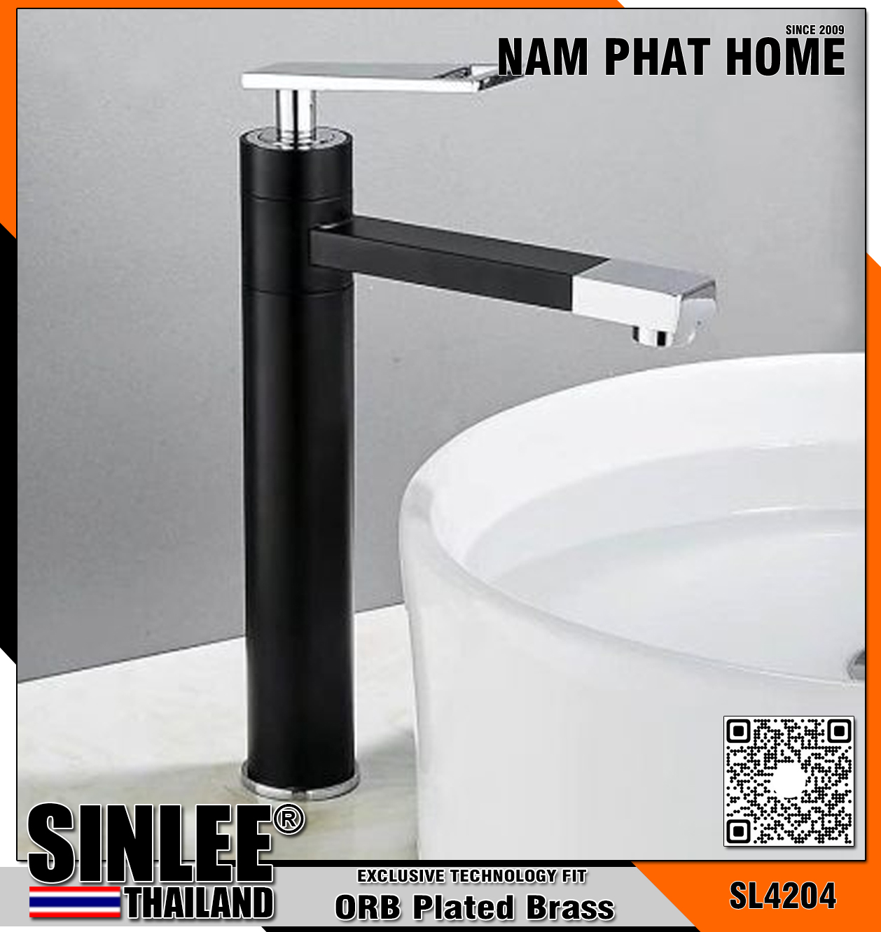 SL4204 – VÒI LAVABO NÓNG LẠNH TRÒN DẸP ĐỒNG THAU SƠN TĨNH ĐIỆN ĐEN MẠ CROM 30CM SINLEE