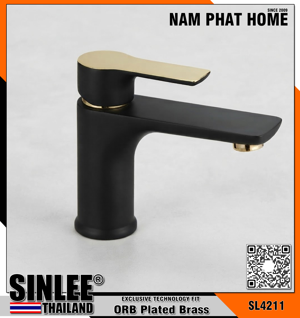SL4211 – VÒI LAVABO NÓNG LẠNH SƠN TĨNH ĐIỆN ĐEN VÀNG 20CM SINLEE
