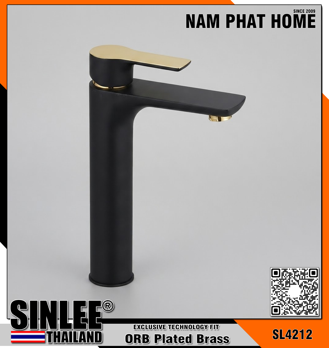 SL4212 – VÒI LAVABO NÓNG LẠNH SƠN TĨNH ĐIỆN ĐEN VÀNG 30CM SINLEE