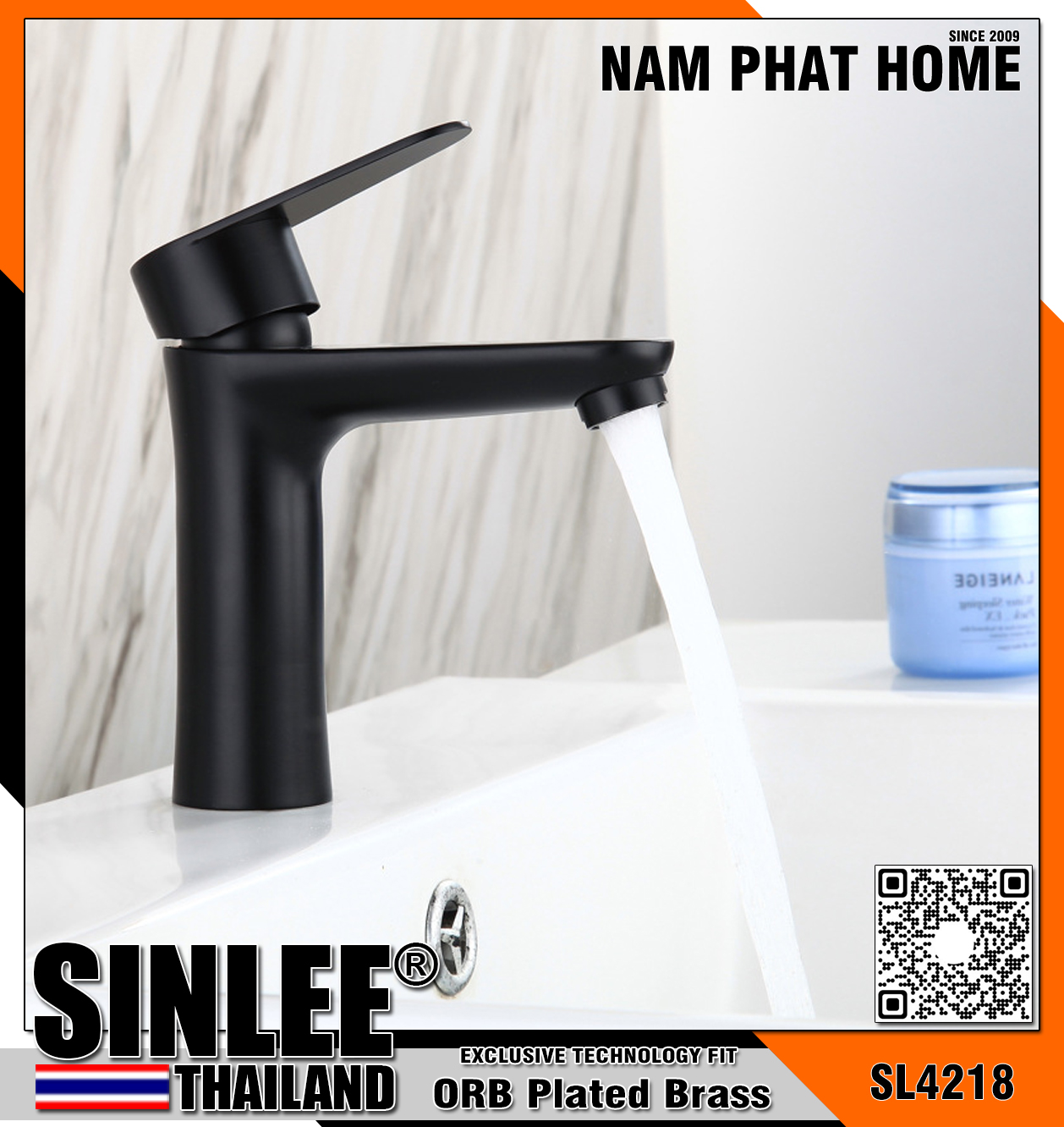 SL4218 – VÒI LAVABO NÓNG LẠNH MẪU EO INOX 304, SƠN TĨNH ĐIỆN ĐEN 20CM SINLEE