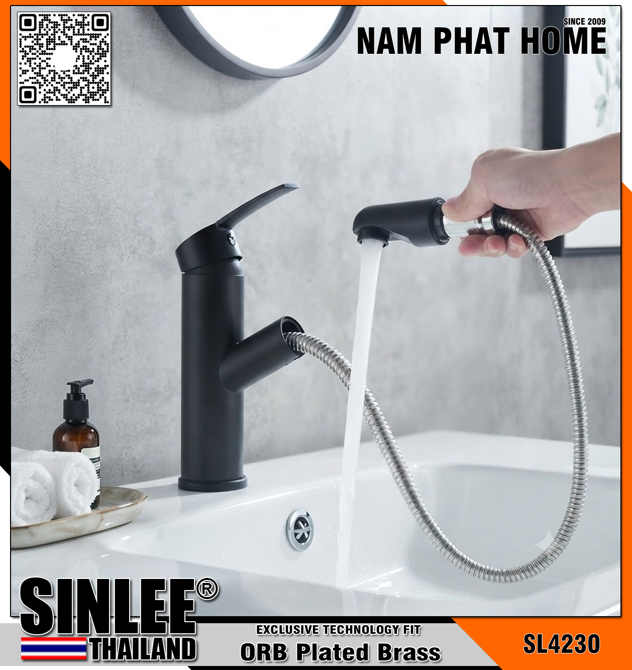 SL4230, VÒI LAVABO NÓNG LẠNH MẪU TRÒN ĐEN DÂY RÚT, INOX 304, SƠN TĨNH ĐIỆN ĐEN 20CM SINLEE