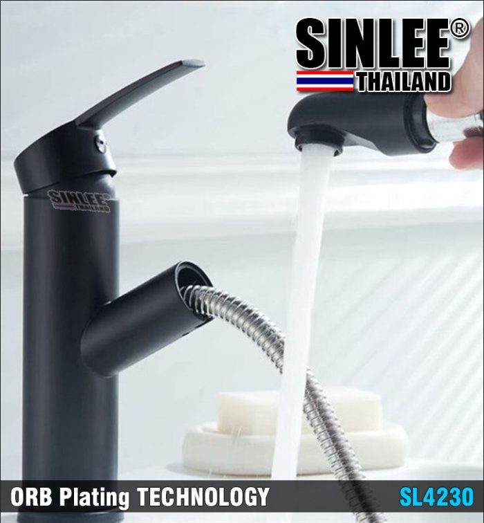 SL4230, VÒI LAVABO NÓNG LẠNH MẪU TRÒN ĐEN DÂY RÚT, INOX 304, SƠN TĨNH ĐIỆN ĐEN 20CM SINLEE