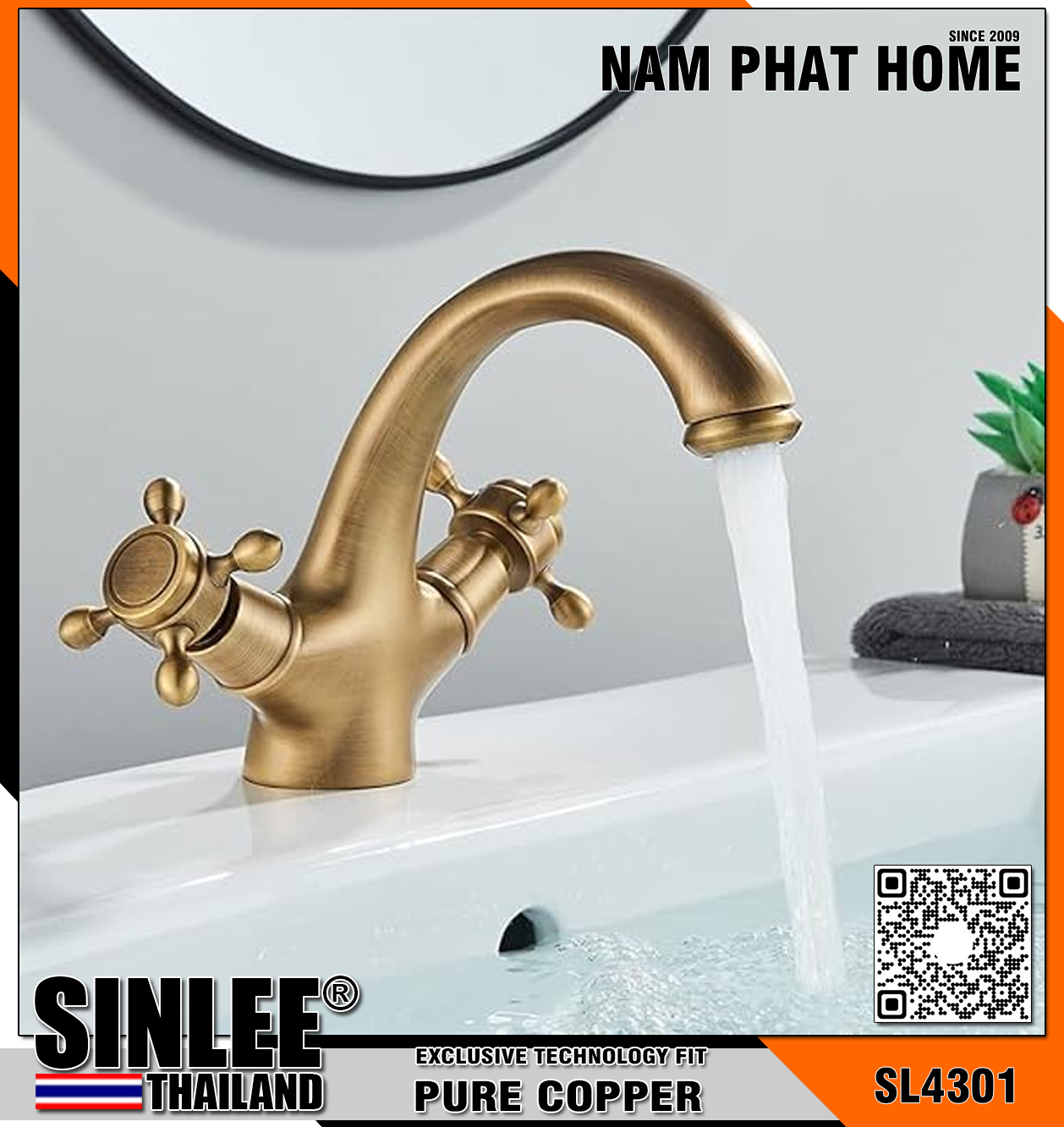SL4301 – VÒI LAVABO NÓNG LẠNH 2 NÚM XOAY ĐỒNG CỔ ĐIỂN 20CM SINLEE