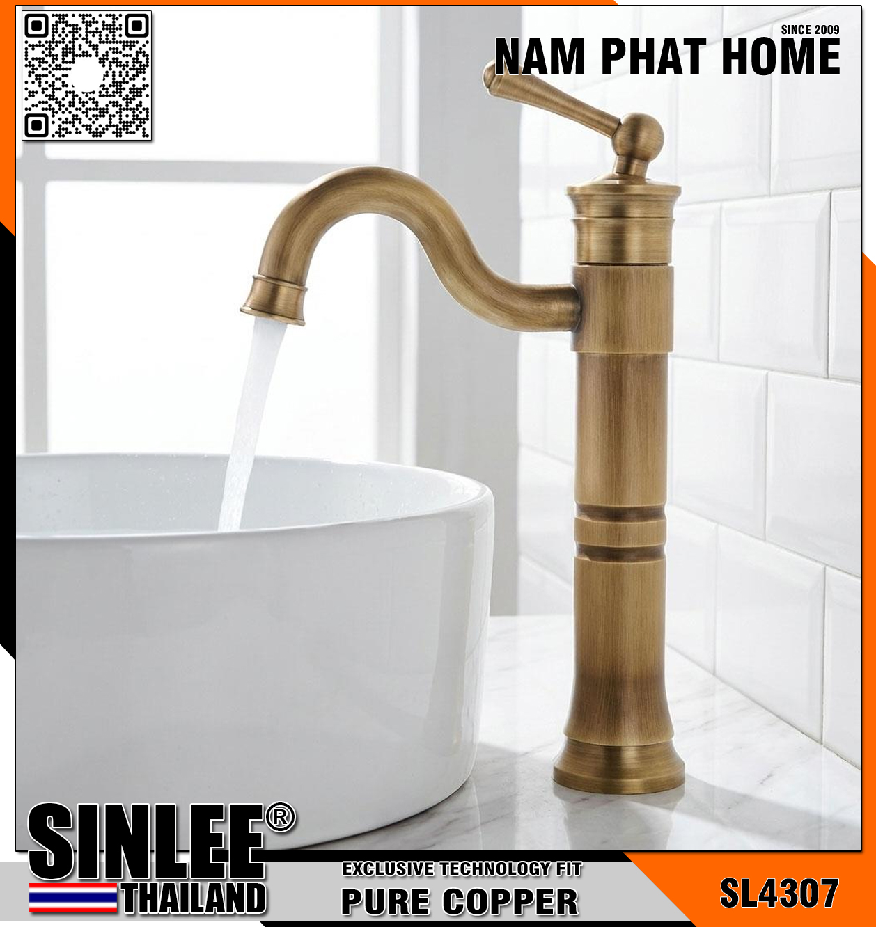 SL4307 – VÒI LAVABO NÓNG LẠNH MẪU TRÒN VIỀN ĐỒNG CỔ ĐIỂN 30CM SINLEE