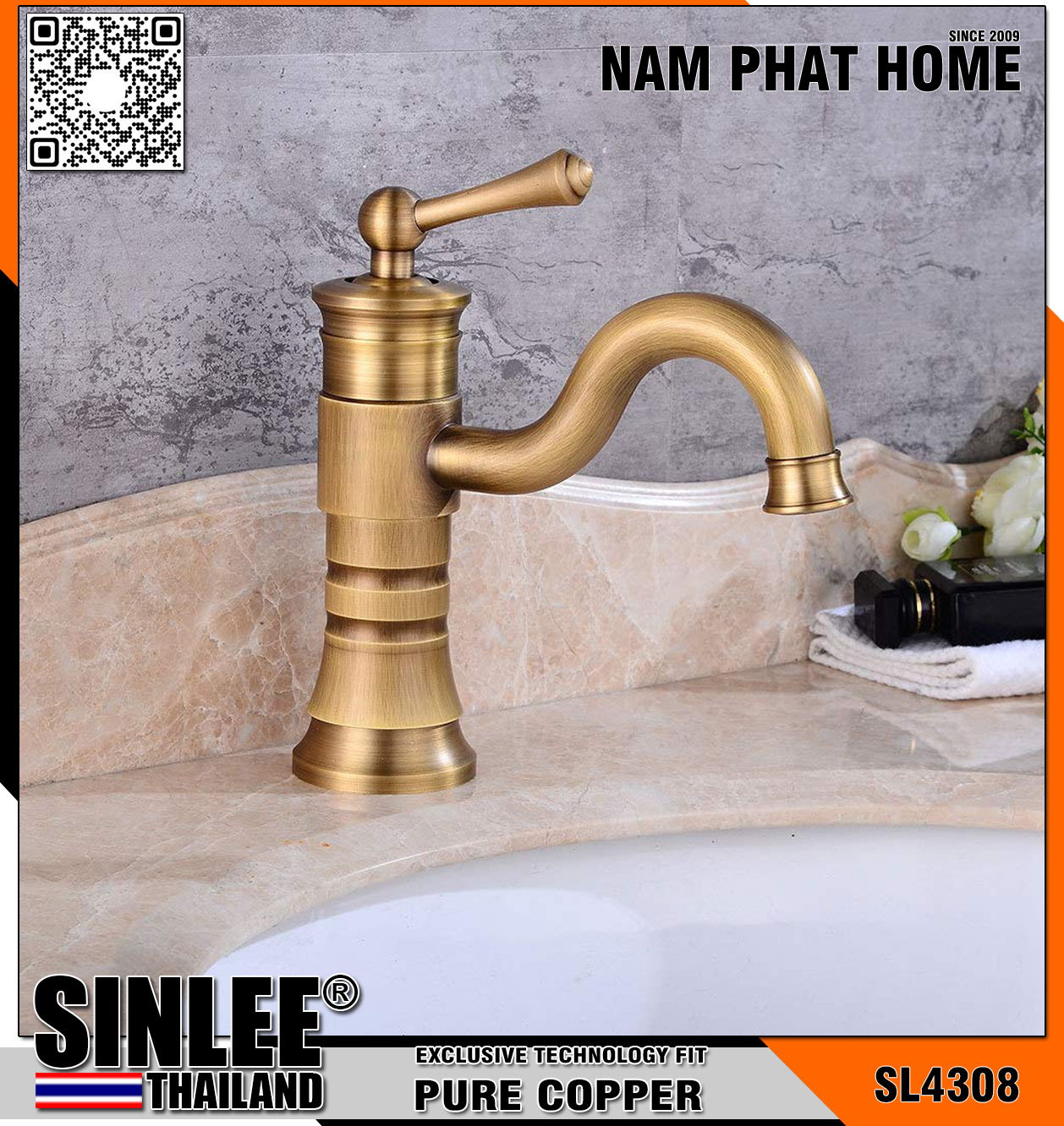 SL4308 – VÒI LAVABO NÓNG LẠNH MẪU TRÒN VIỀN ĐỒNG CỔ ĐIỂN 20CM SINLEE