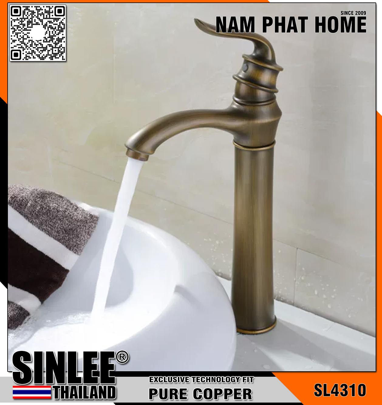 SL4310 – VÒI LAVABO NÓNG LẠNH MẪU BÌNH ĐEN CỔ ĐIỂN ĐỒNG 30CM SINLEE