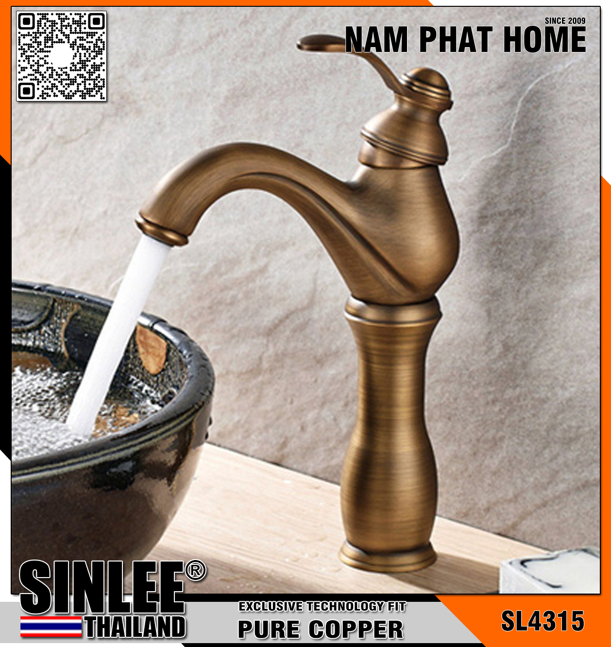 SL4315 – VÒI LAVABO NÓNG LẠNH MẪU BÌNH EO THẤP ĐỒNG CỔ ĐIỂN 30CM SINLEE