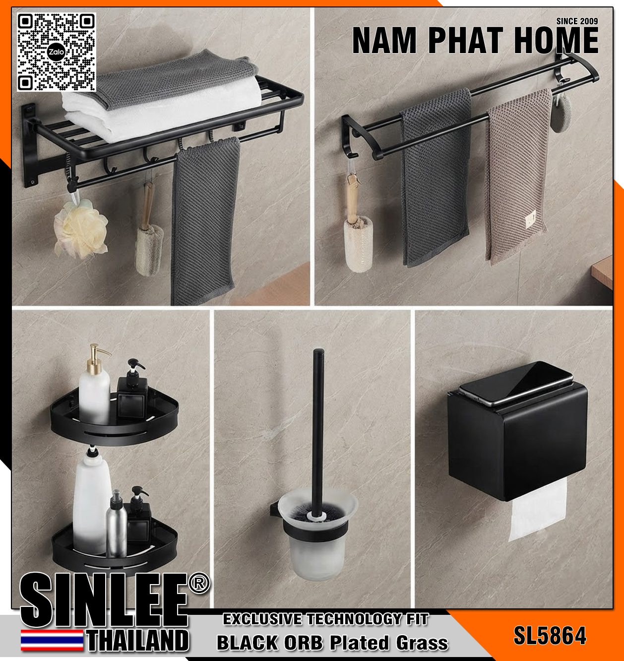 SL5864 – BỘ PHỤ KIỆN 6 MÓN NHÀ TẮM HỢP KIM ĐEN SINLEE LOẠI DẦY