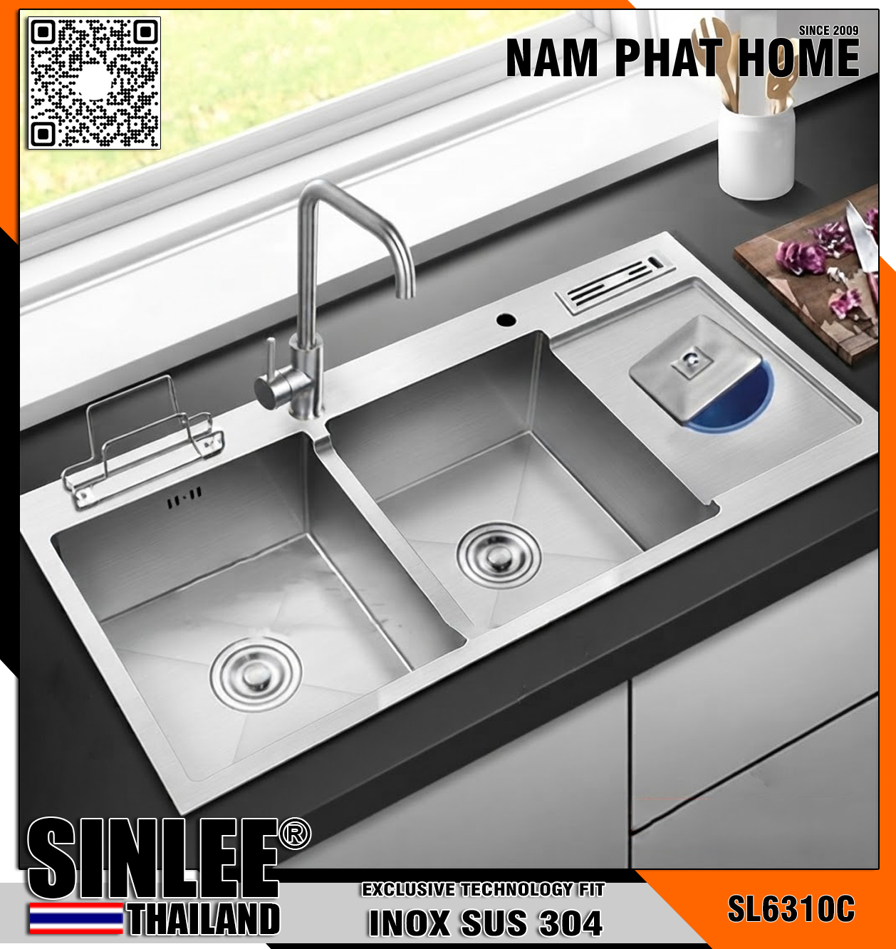 SL6310C – CHẬU RỬA CHÉN 2 HỘC 1 CÁNH, CÓ HỐ RÁC INOX 304